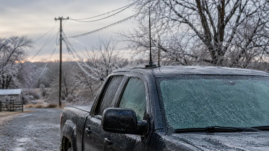 A pickup truck parked in a driveway after an ice storm, with a dual band antenna still mounted on the cab roof