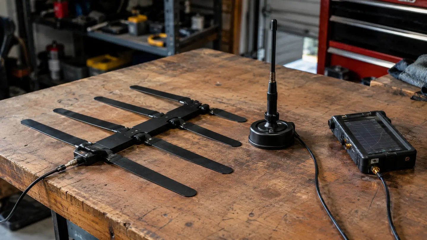 A magnetic mount antenna on a truck roof beside a foldable antenna laid on a workbench